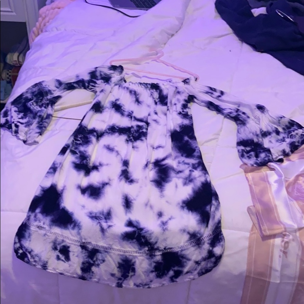 off the shoulder blue and white tie dye dress